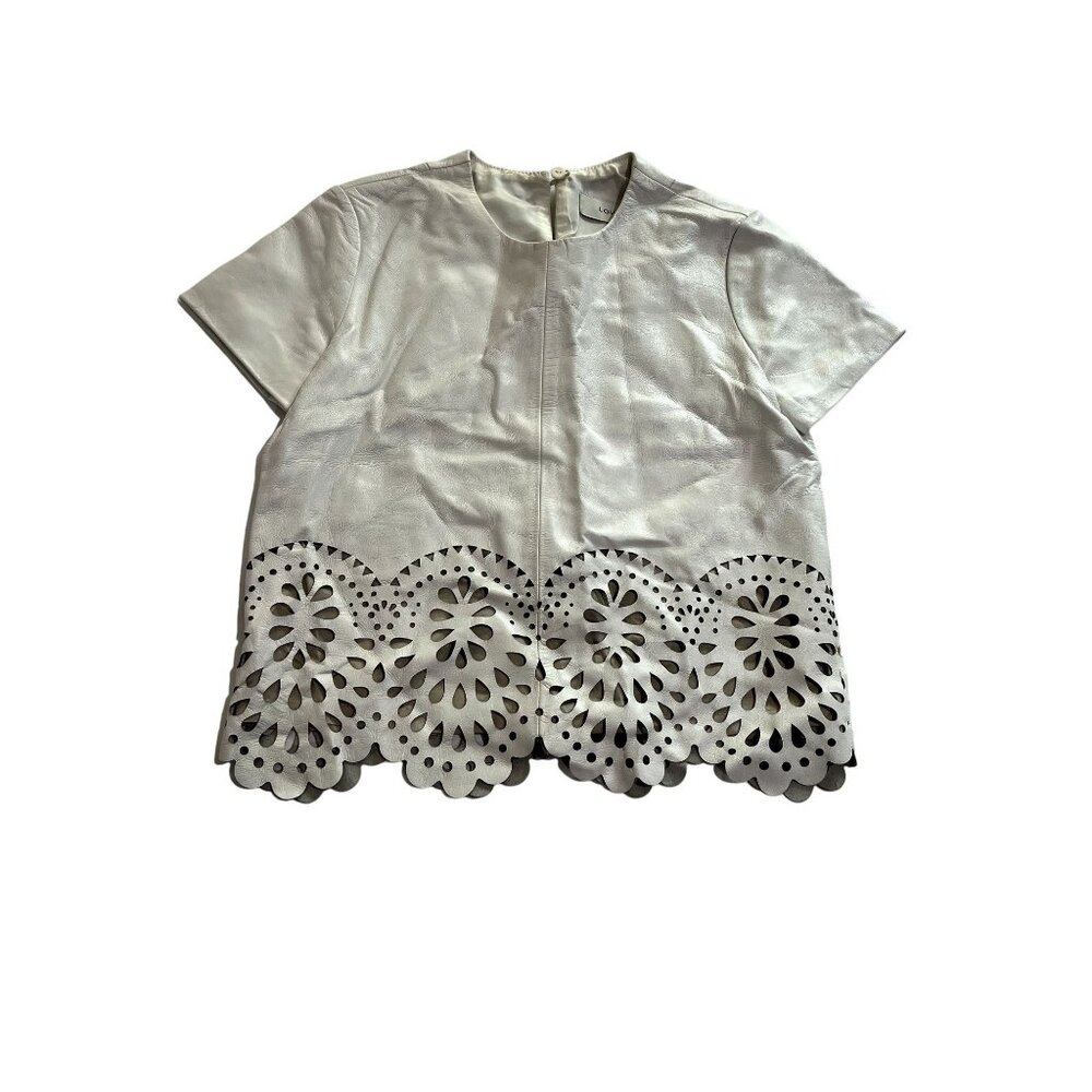 LOVER Sheep Skin Laser Cut Hem Leather T-Shirt Top in White